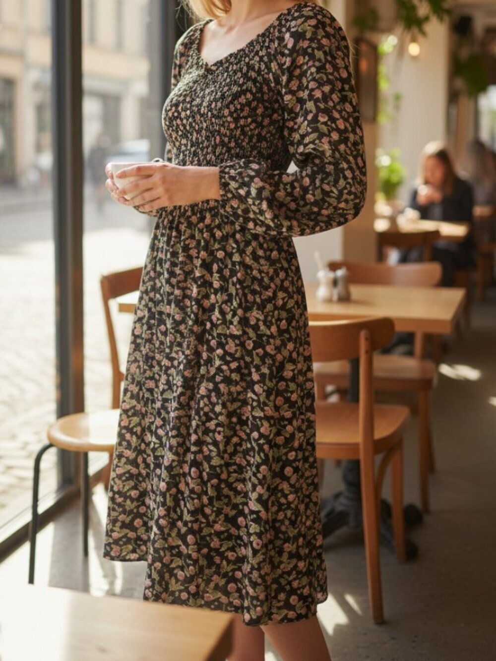 Cottagecore floral midi dress Womens Small feminine black pink green scoop neck